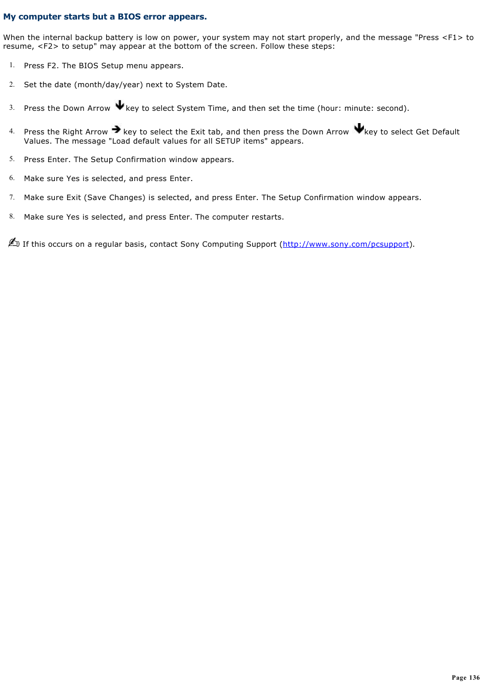 My computer starts but a bios error appears | Sony PCG-NV190P User Manual | Page 136 / 188