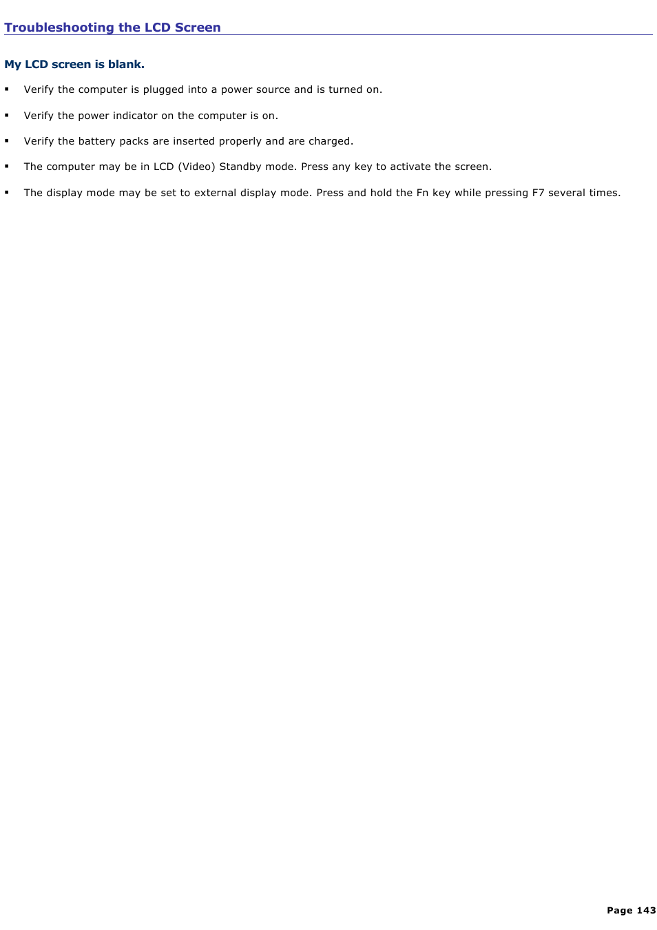 My lcd screen is blank | Sony PCG-NV190P User Manual | Page 143 / 188