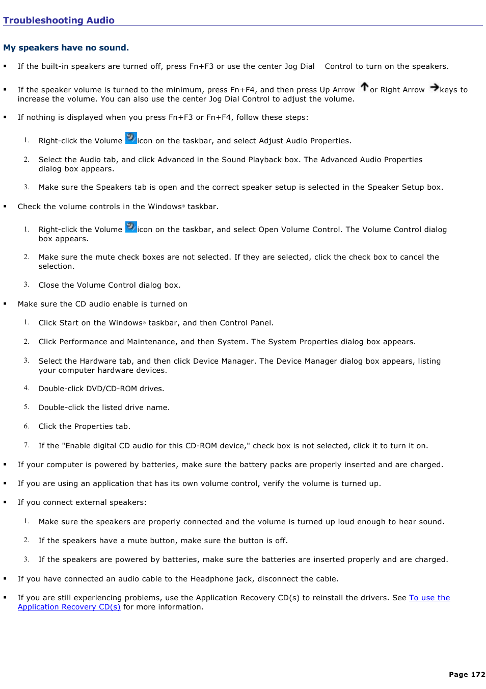 Troubleshooting audio | Sony PCG-NV190P User Manual | Page 172 / 188