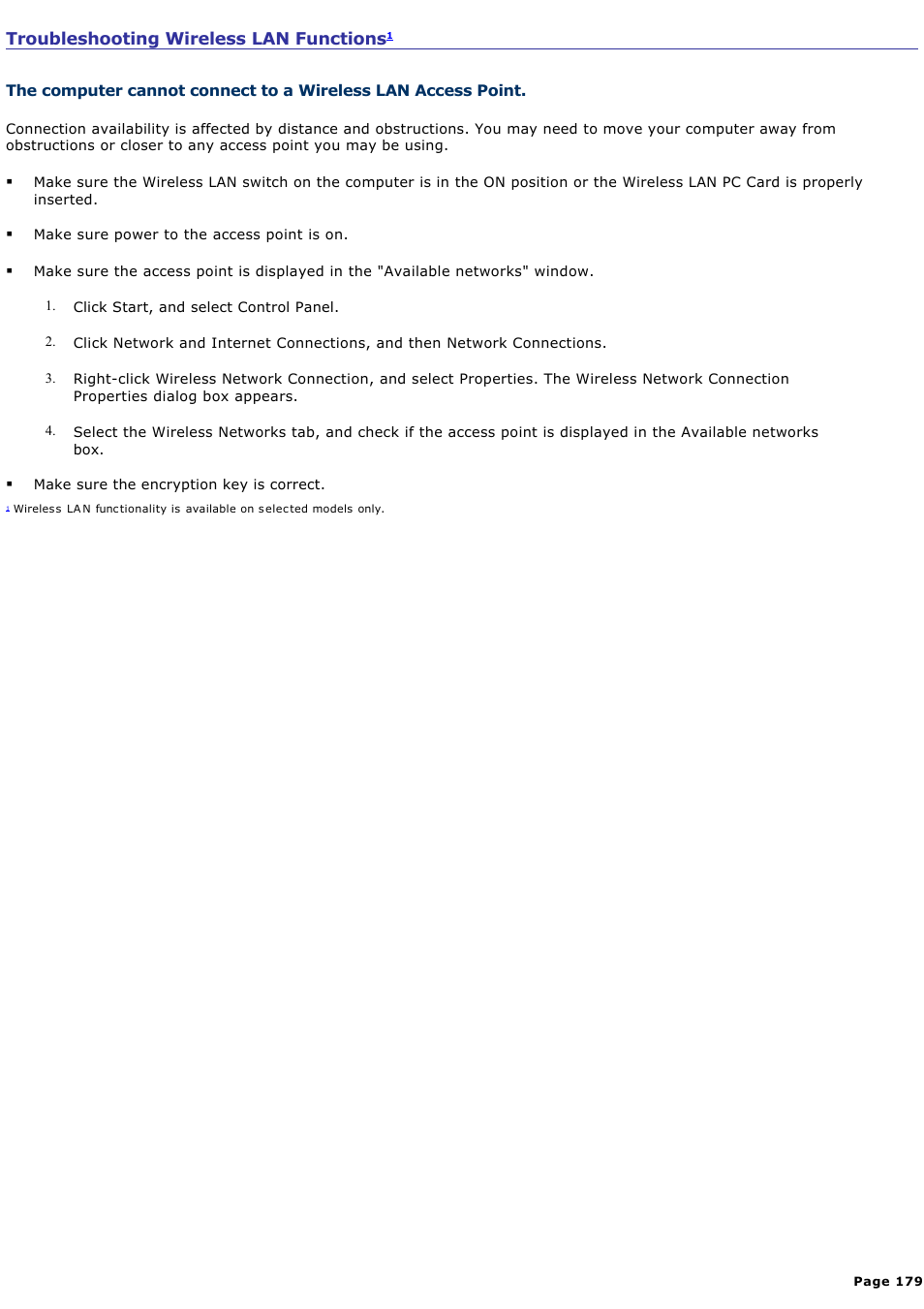 Troubleshooting wireless lan functions | Sony PCG-NV190P User Manual | Page 179 / 188