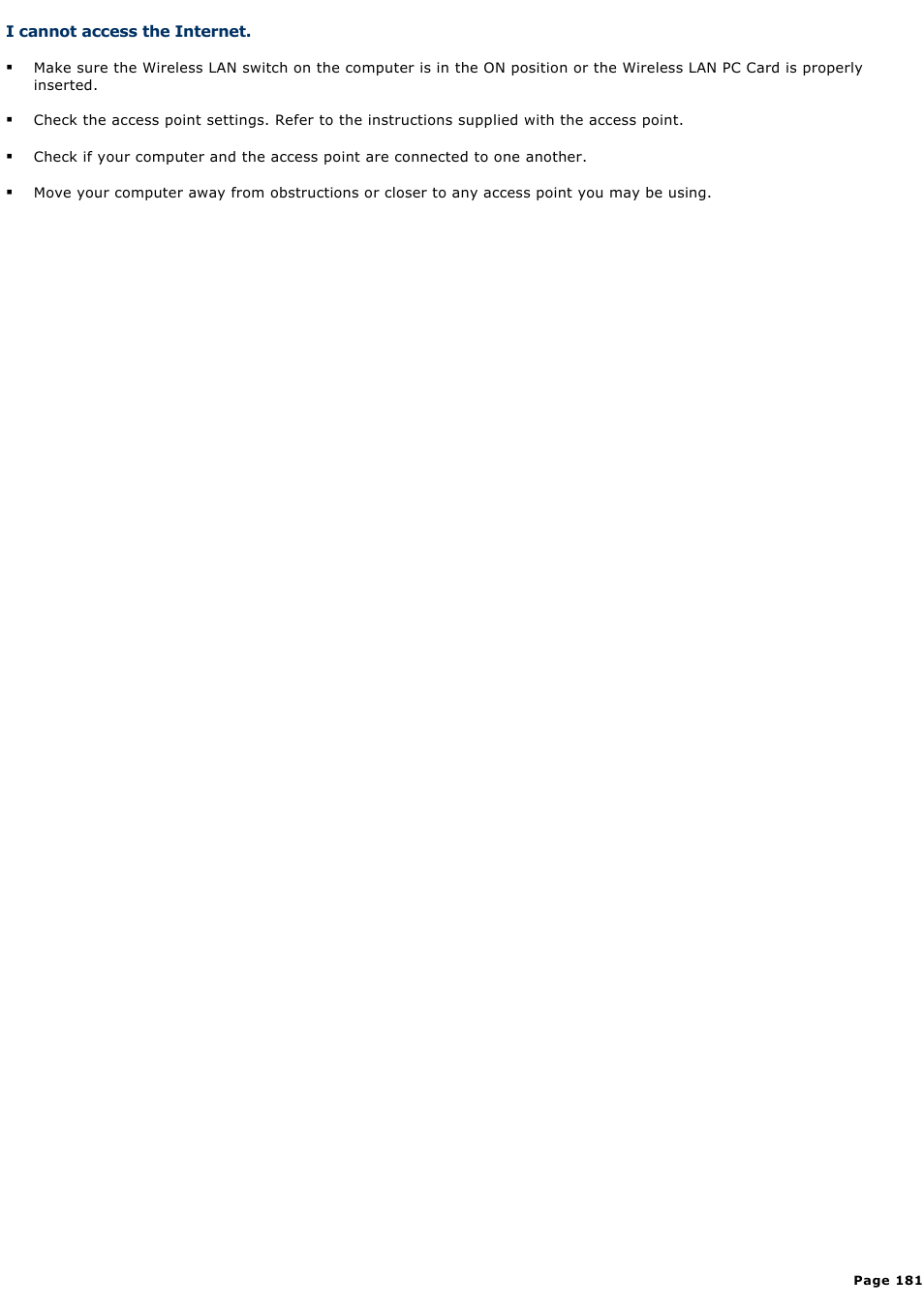 I cannot access the internet | Sony PCG-NV190P User Manual | Page 181 / 188