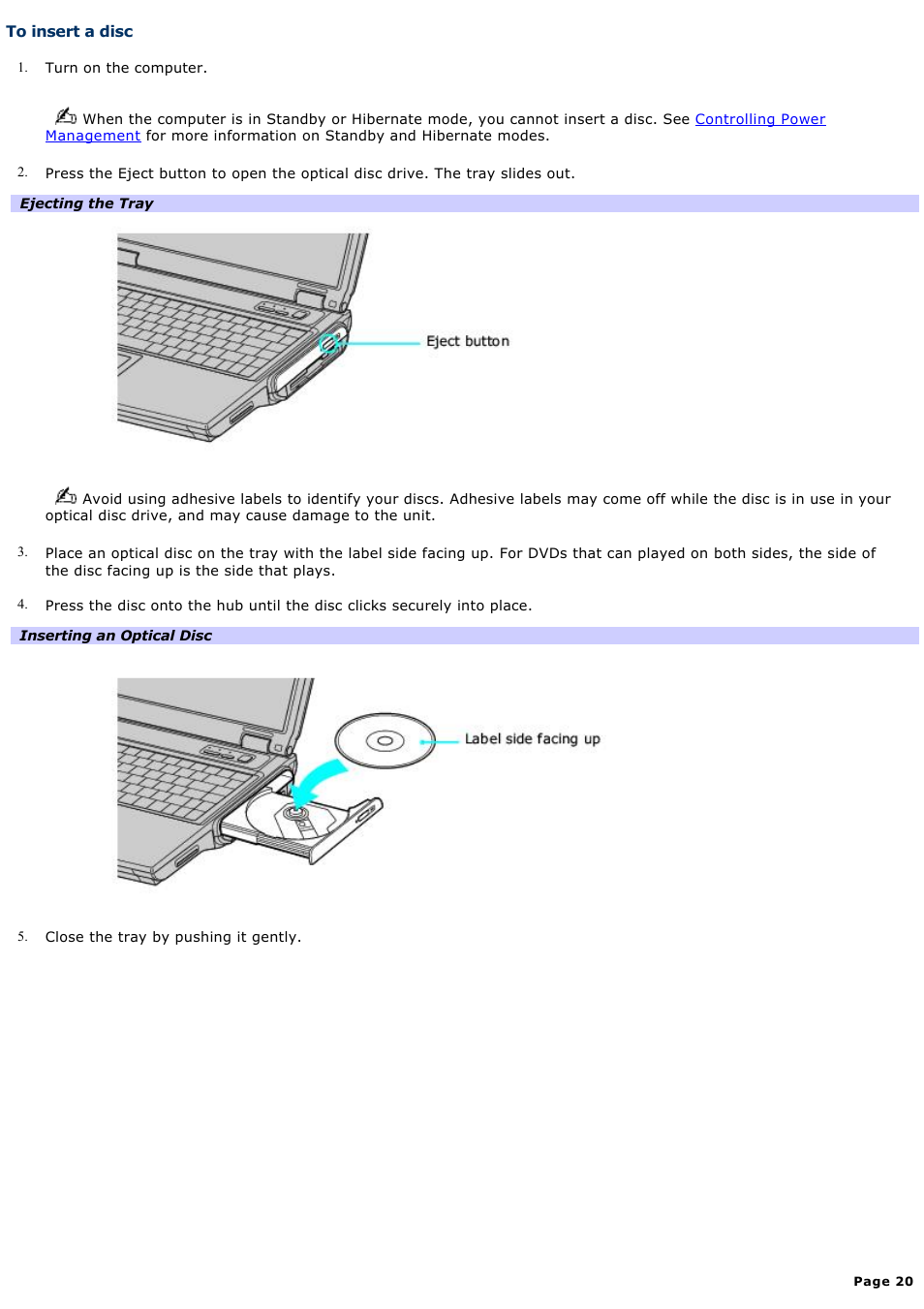 To insert a disc | Sony PCG-NV190P User Manual | Page 20 / 188