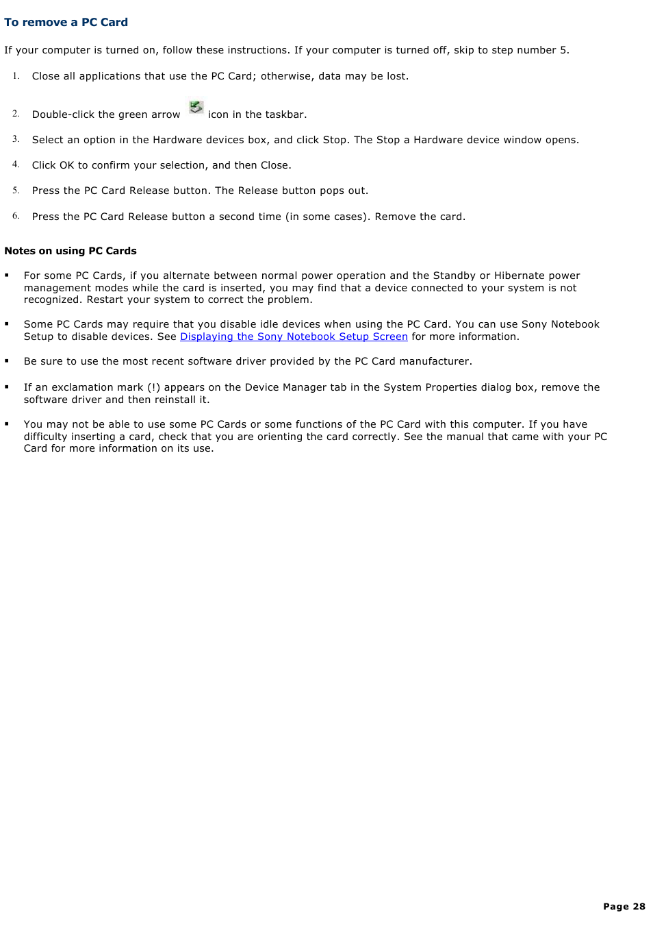 To remove a pc card | Sony PCG-NV190P User Manual | Page 28 / 188