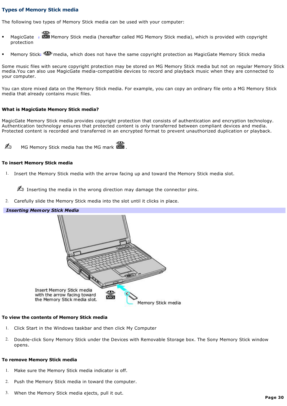 Types of memory stick media | Sony PCG-NV190P User Manual | Page 30 / 188