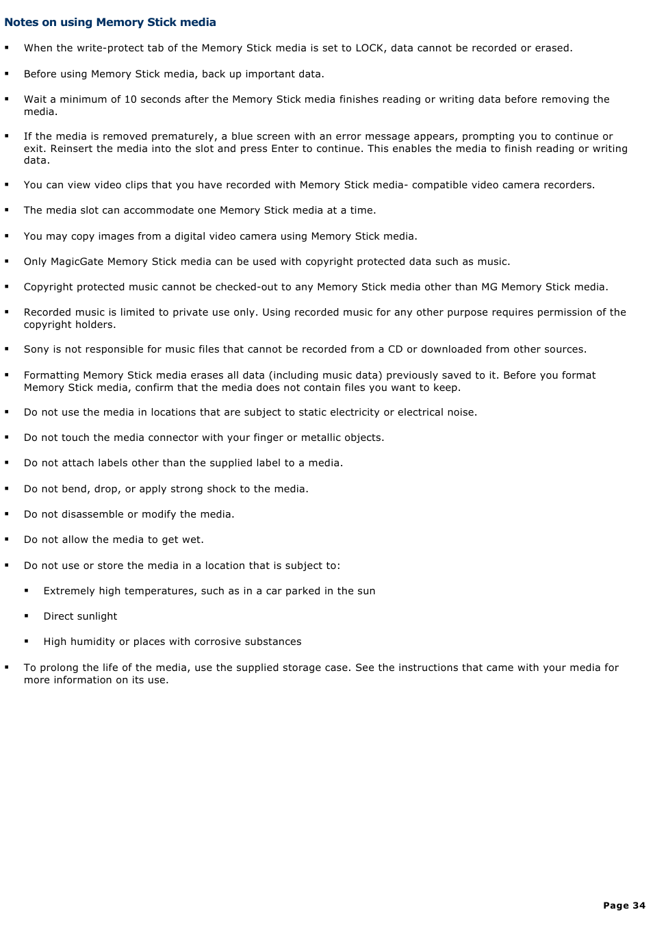 Notes on using memory stick media | Sony PCG-NV190P User Manual | Page 34 / 188