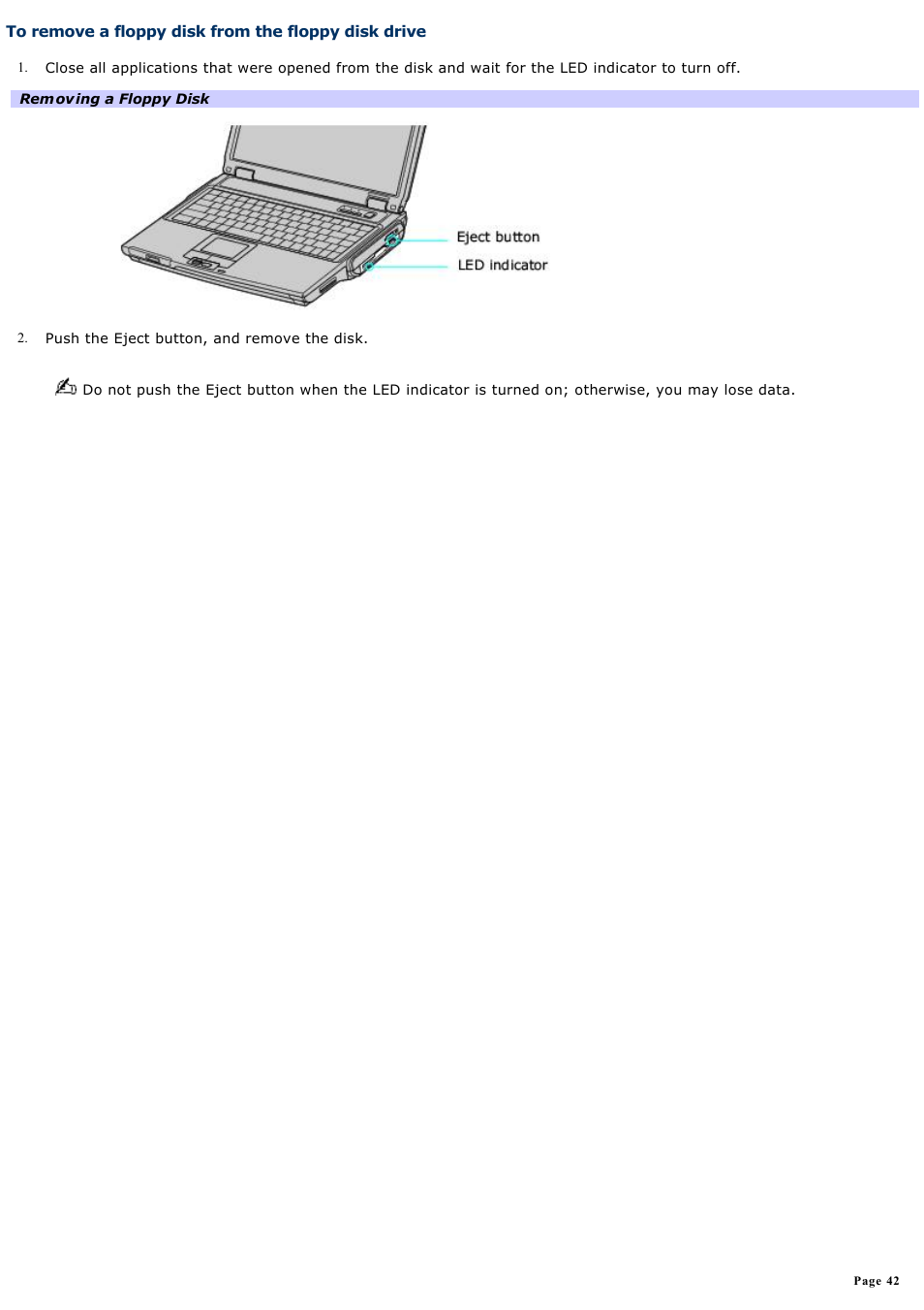 To remove a floppy disk from the floppy disk drive | Sony PCG-NV190P User Manual | Page 42 / 188