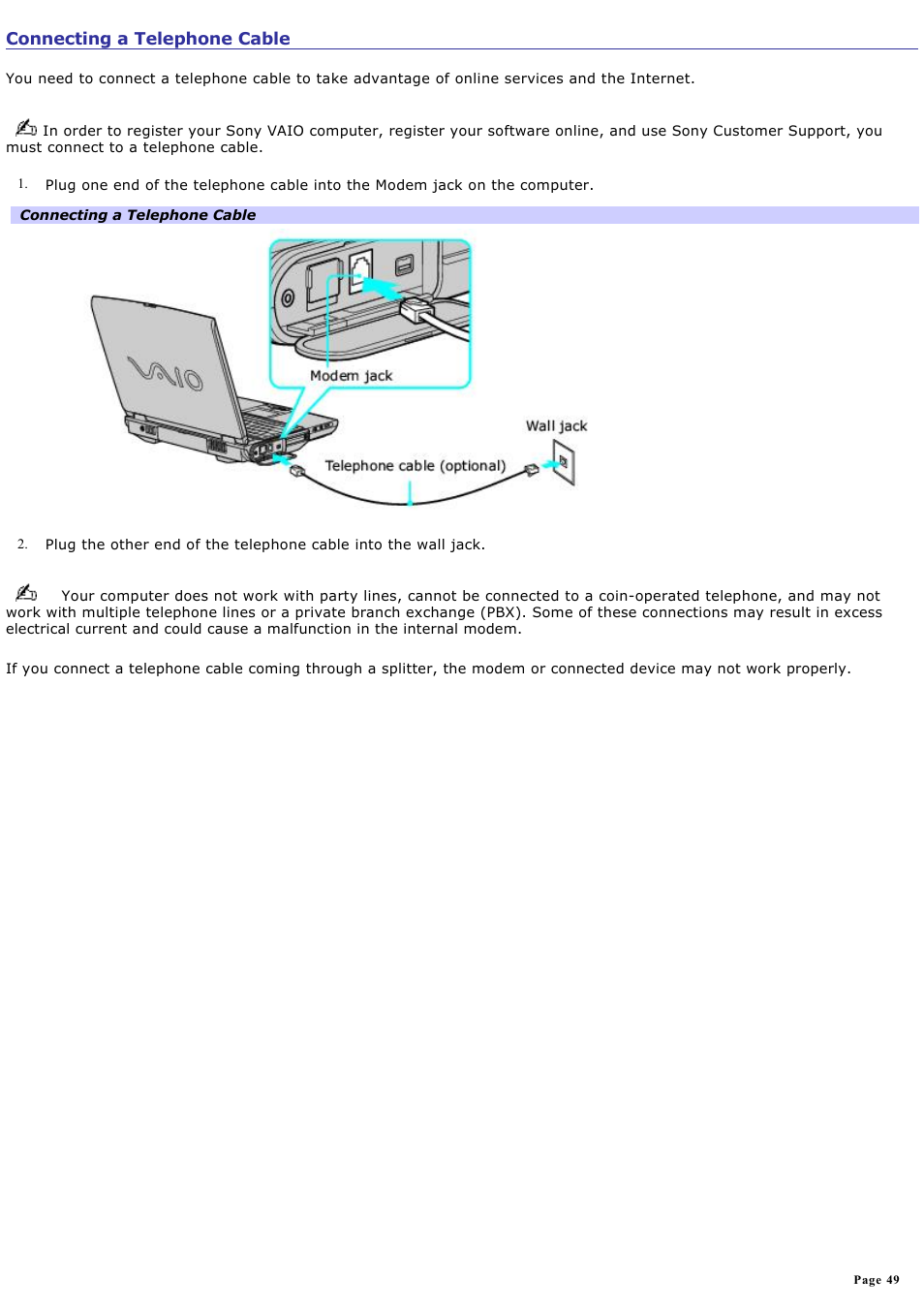 Connecting a telephone cable | Sony PCG-NV190P User Manual | Page 49 / 188