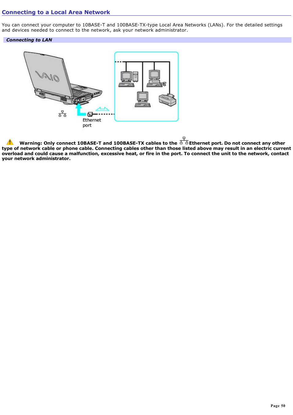 Connecting to a local area network | Sony PCG-NV190P User Manual | Page 50 / 188