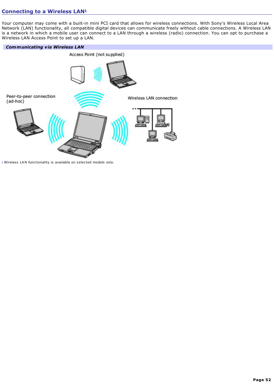 Connecting to a wireless lan | Sony PCG-NV190P User Manual | Page 52 / 188