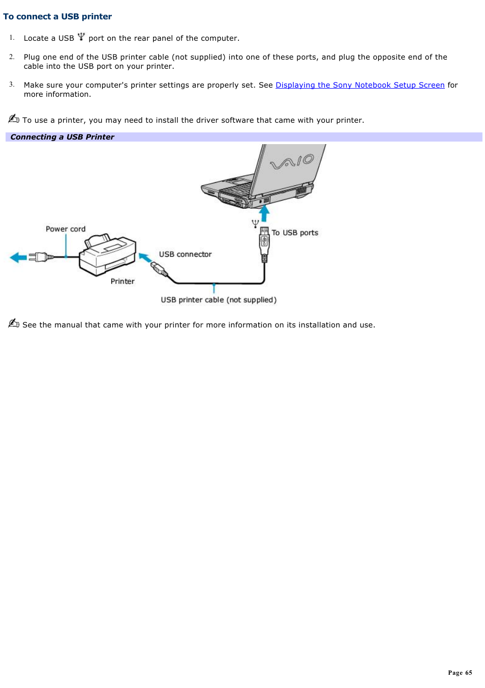 To connect a usb printer | Sony PCG-NV190P User Manual | Page 65 / 188