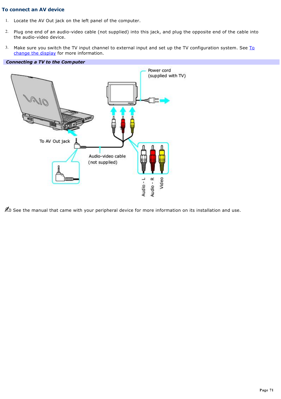 To connect an av device | Sony PCG-NV190P User Manual | Page 71 / 188