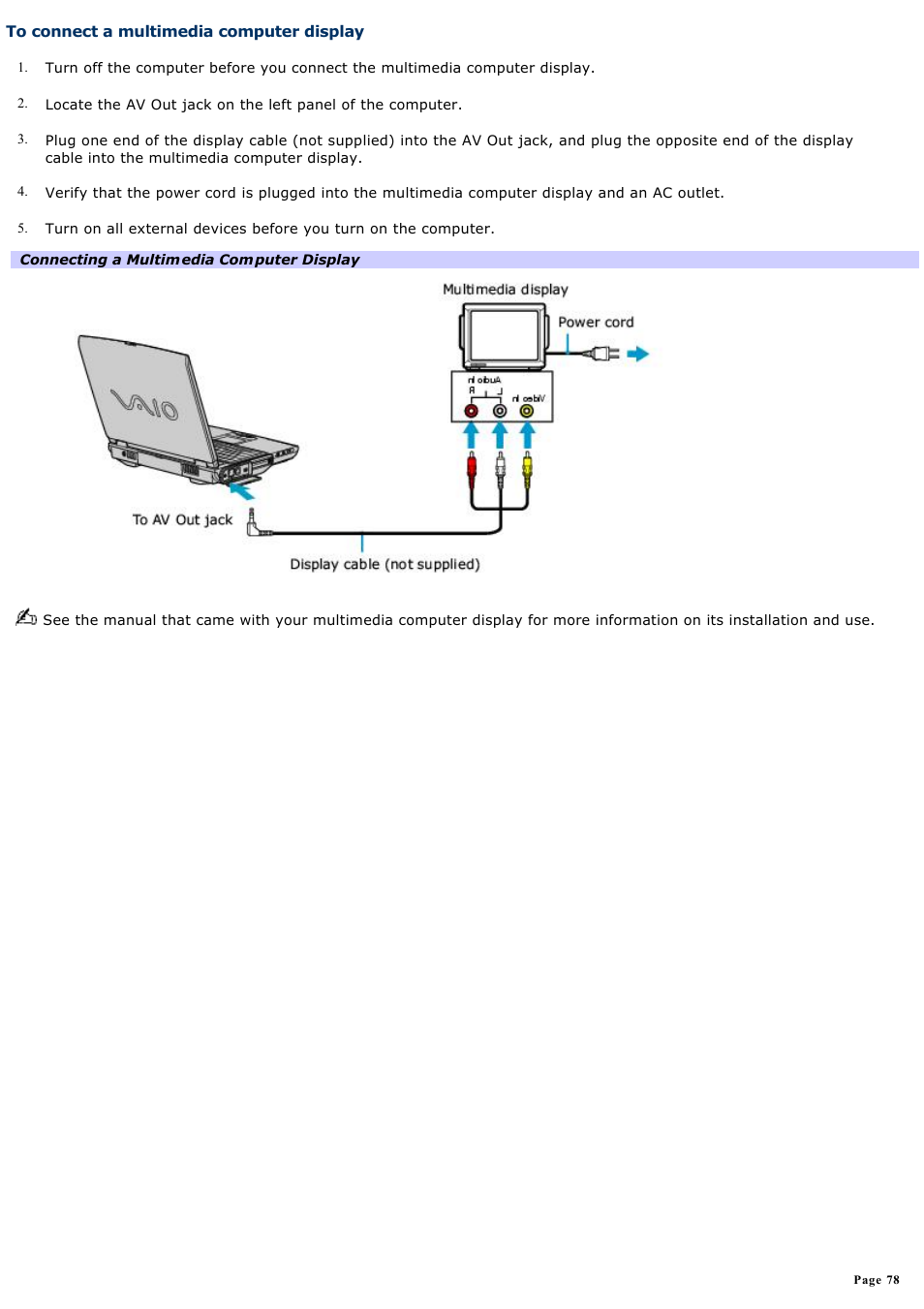 To connect a multimedia computer display | Sony PCG-NV190P User Manual | Page 78 / 188