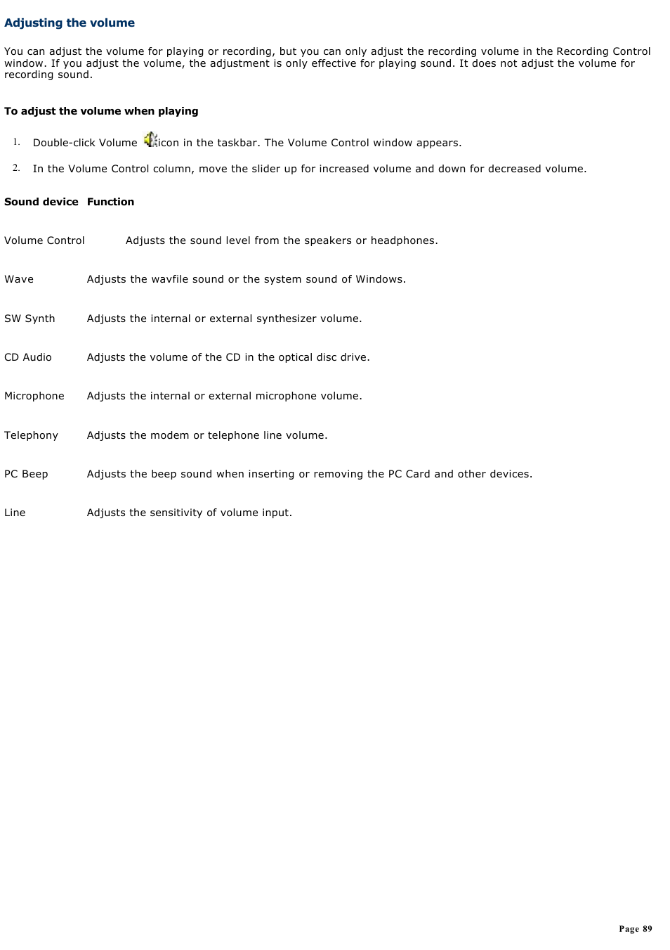 Adjusting the volume | Sony PCG-NV190P User Manual | Page 89 / 188