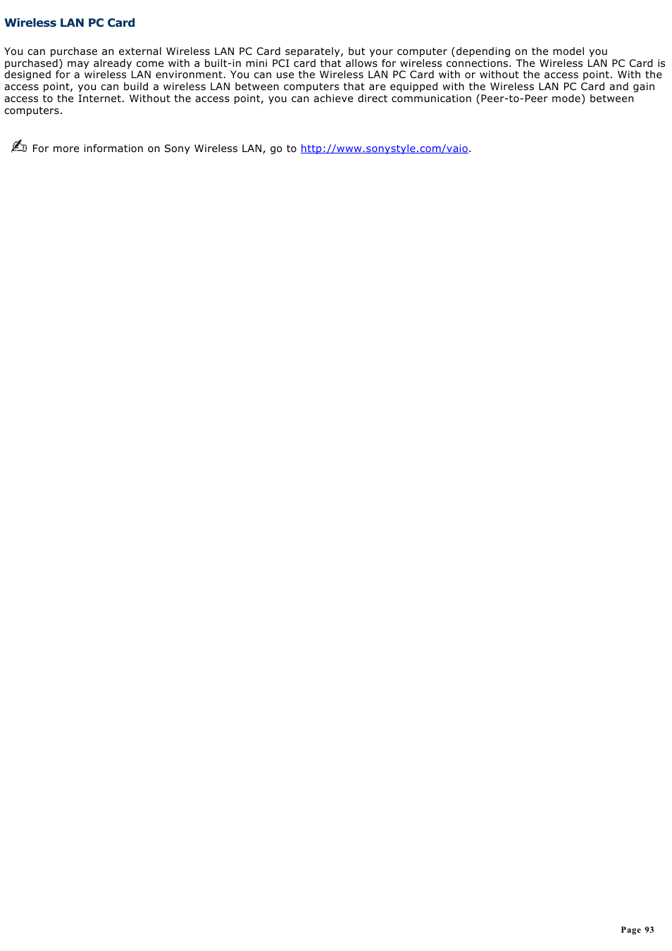 Wireless lan pc card | Sony PCG-NV190P User Manual | Page 93 / 188