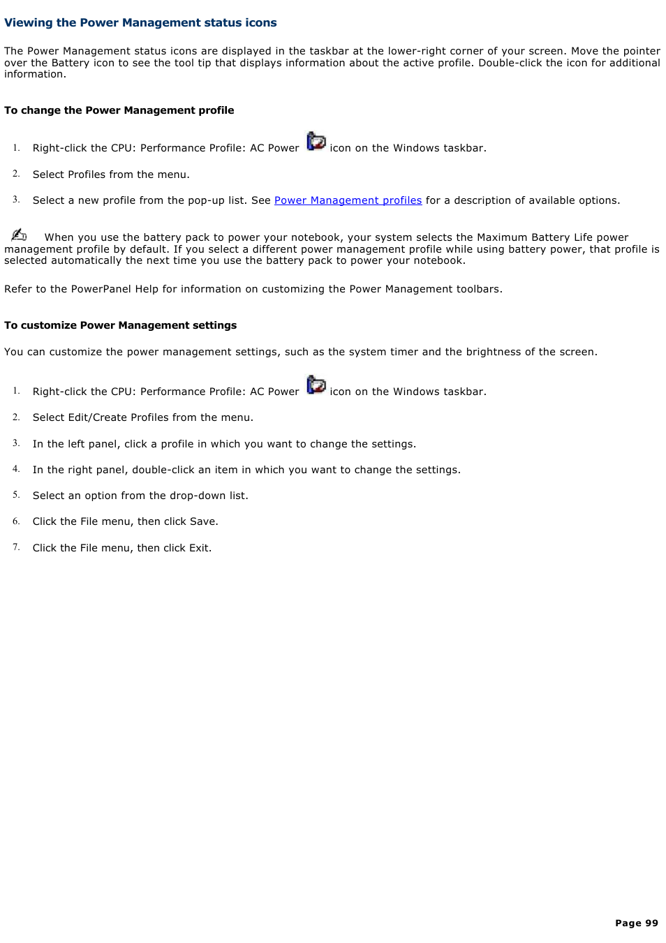 Viewing the power management status icons | Sony PCG-NV190P User Manual | Page 99 / 188