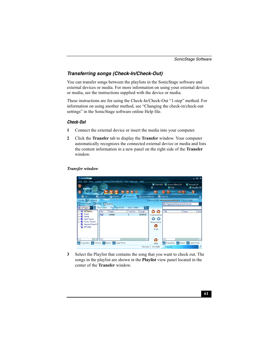 Transferring songs (check-in/check-out) | Sony PCG-R505ECP User Manual | Page 153 / 222