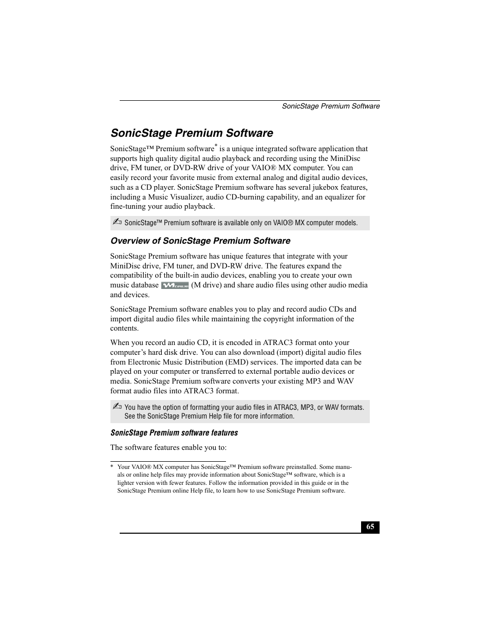 Sonicstage premium software, Overview of sonicstage premium software | Sony PCG-R505ECP User Manual | Page 157 / 222