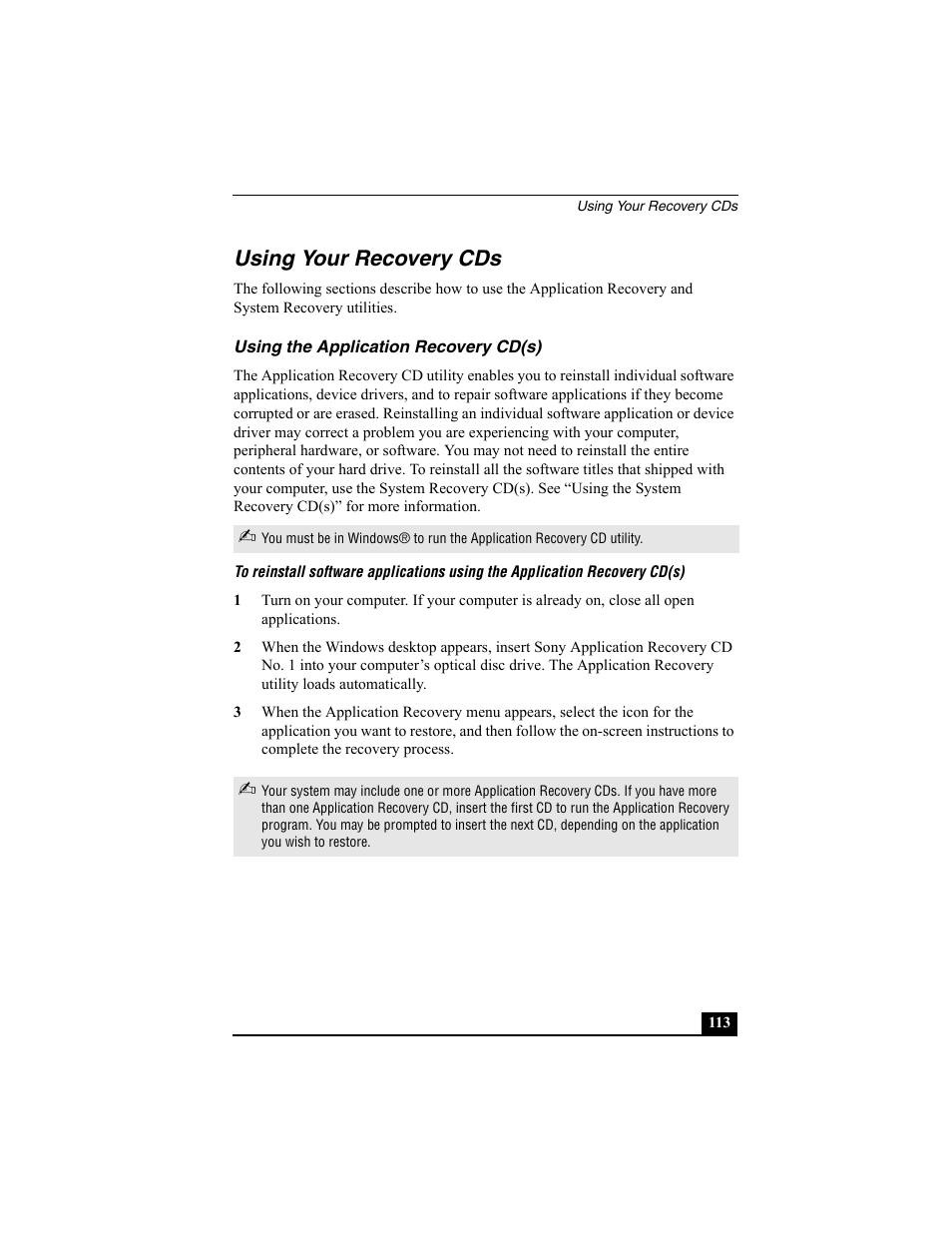 Using your recovery cds, Using the application recovery cd(s) | Sony PCG-R505ECP User Manual | Page 185 / 222