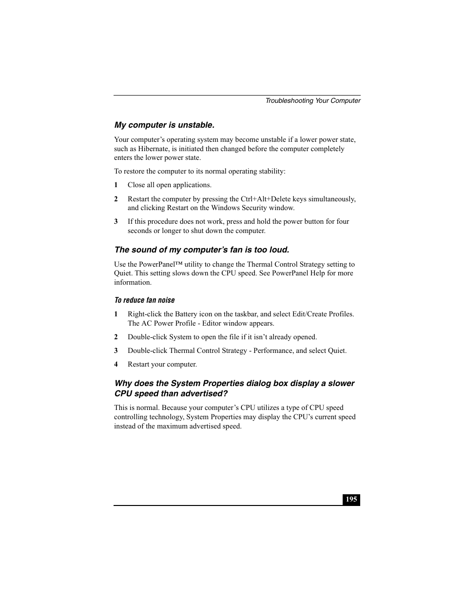 My computer is unstable, The sound of my computer’s fan is too loud | Sony PCG-R505ECP User Manual | Page 195 / 222