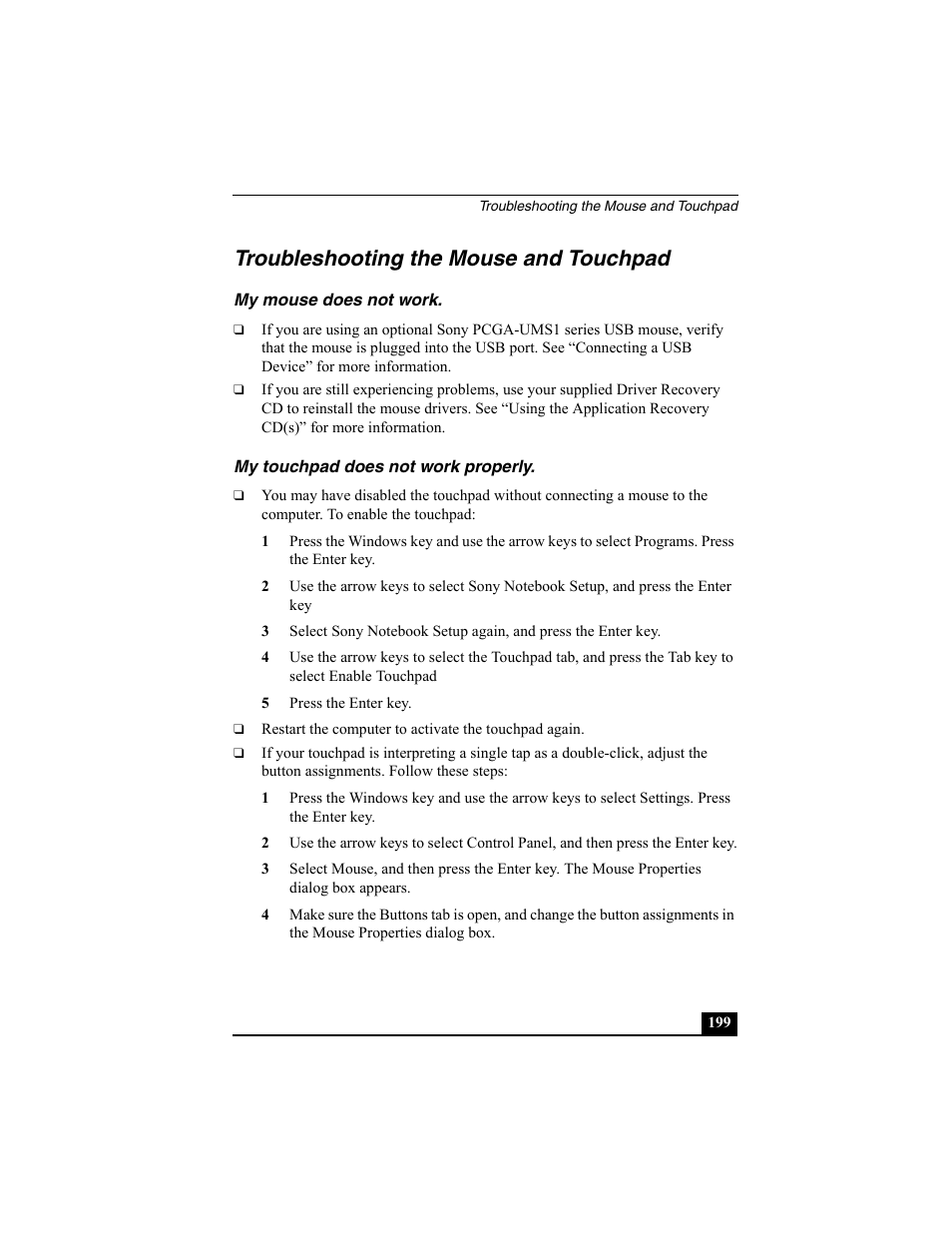 Troubleshooting the mouse and touchpad, My mouse does not work, My touchpad does not work properly | Sony PCG-R505ECP User Manual | Page 199 / 222