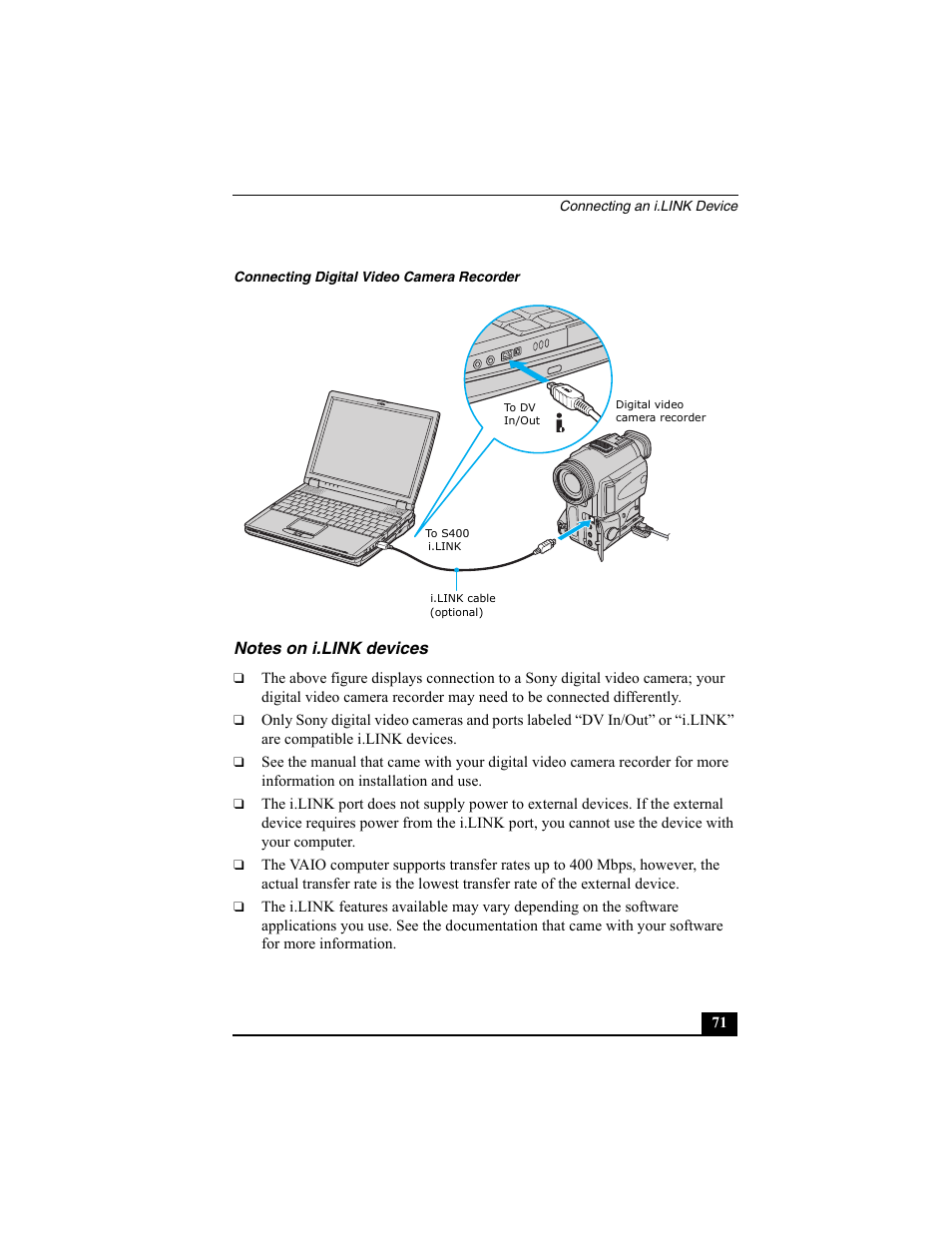 Notes on i.link devices | Sony PCG-R505ECP User Manual | Page 71 / 222