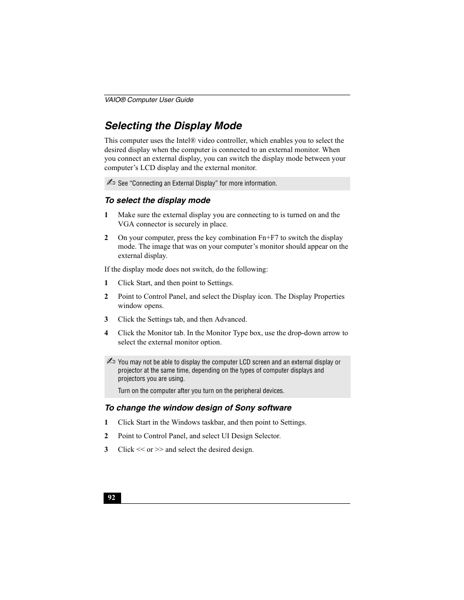 Selecting the display mode, To select the display mode, To change the window design of sony software | Sony PCG-R505ECP User Manual | Page 92 / 222