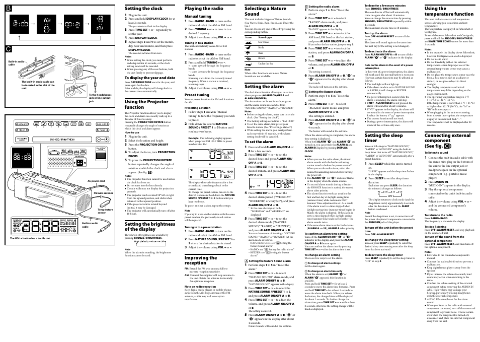 Setting the clock, Using the projector function, Setting the brightness of the display | Playing the radio, Improving the reception, Selecting a nature sound, Setting the alarm, Setting the sleep timer, Using the temperature function, Connecting external component (see fig.  ) | Sony ICF-C717PJ User Manual | Page 2 / 2