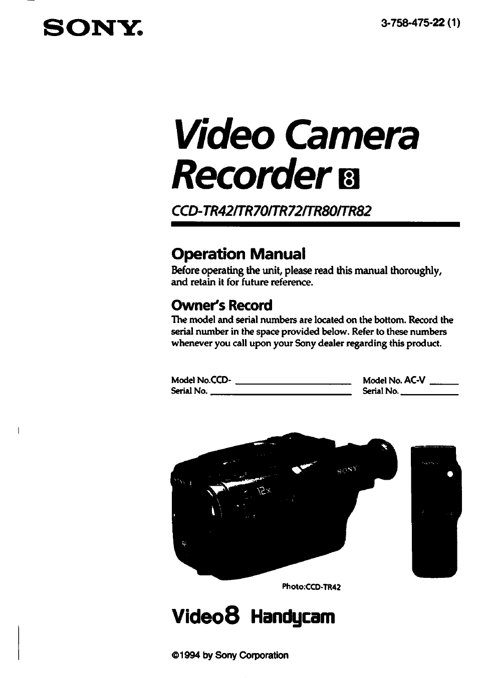 Sony CCD-TR82 User Manual | 52 pages