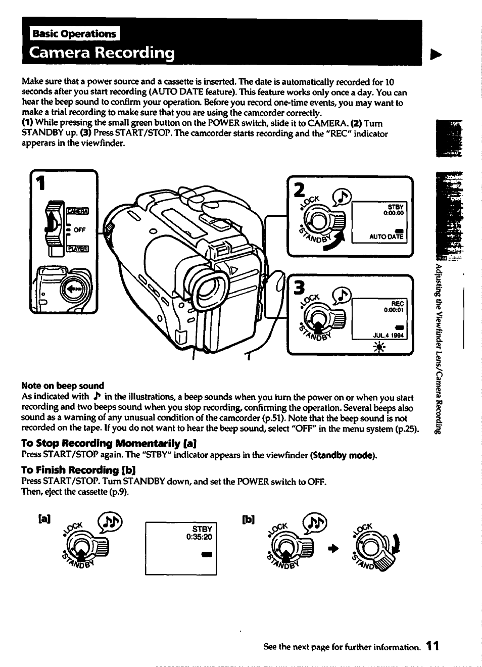 Camera recording, Note on beep sound, To stop recording momentarily [a | To finish recording [b | Sony CCD-TR82 User Manual | Page 11 / 52