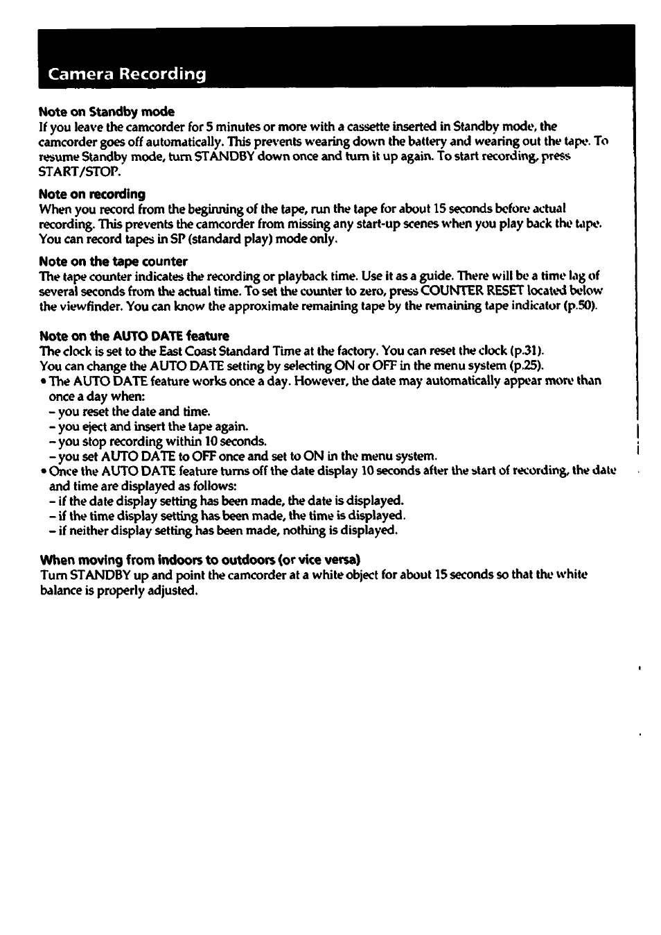 Camera recording, Note on standby mode, Note on recording | Note on the tape counter, Note on the auto date feature | Sony CCD-TR82 User Manual | Page 12 / 52