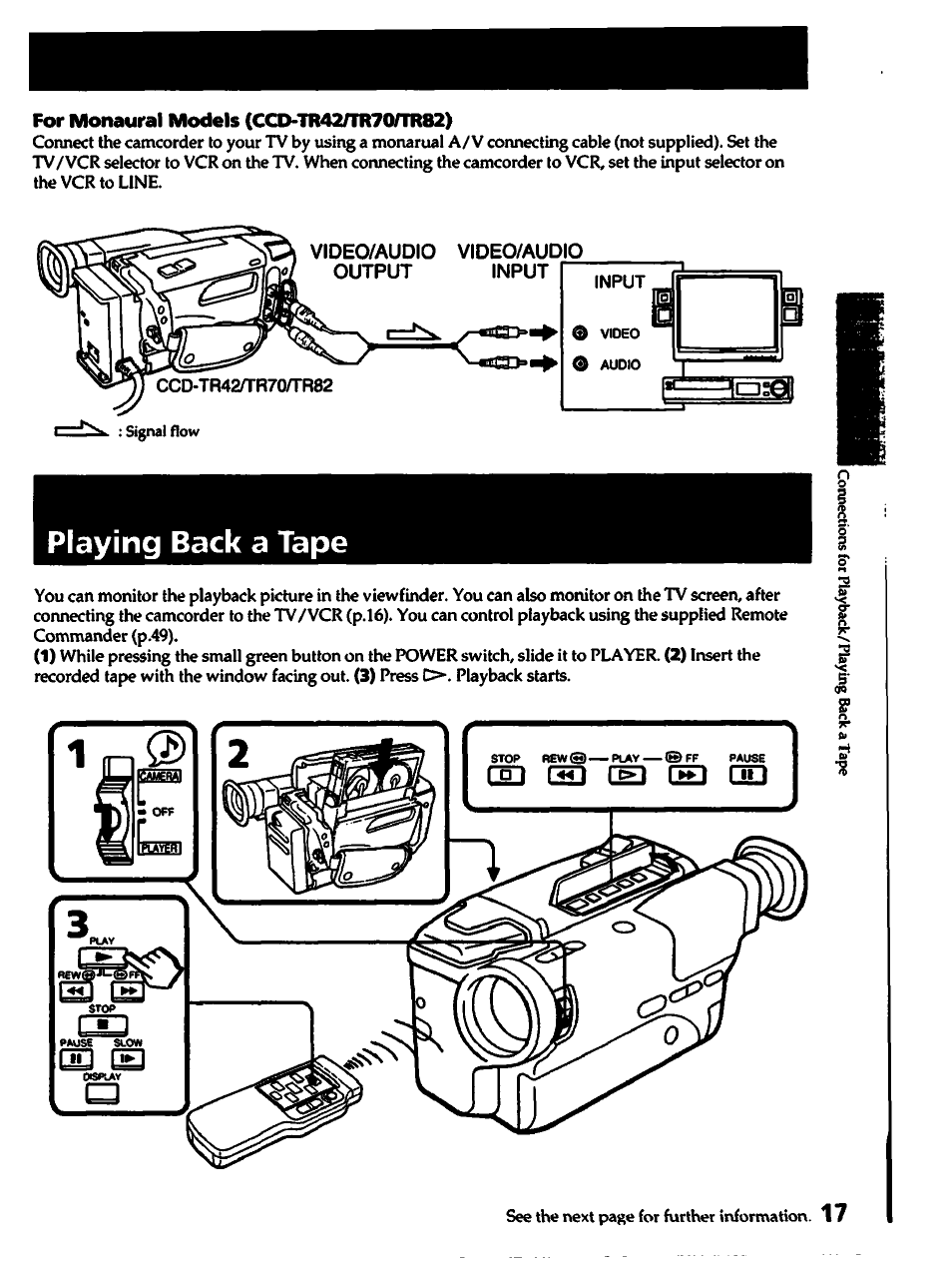 For monaural models (ccd-tr42/tr70/tr82), Playing back a tape | Sony CCD-TR82 User Manual | Page 17 / 52
