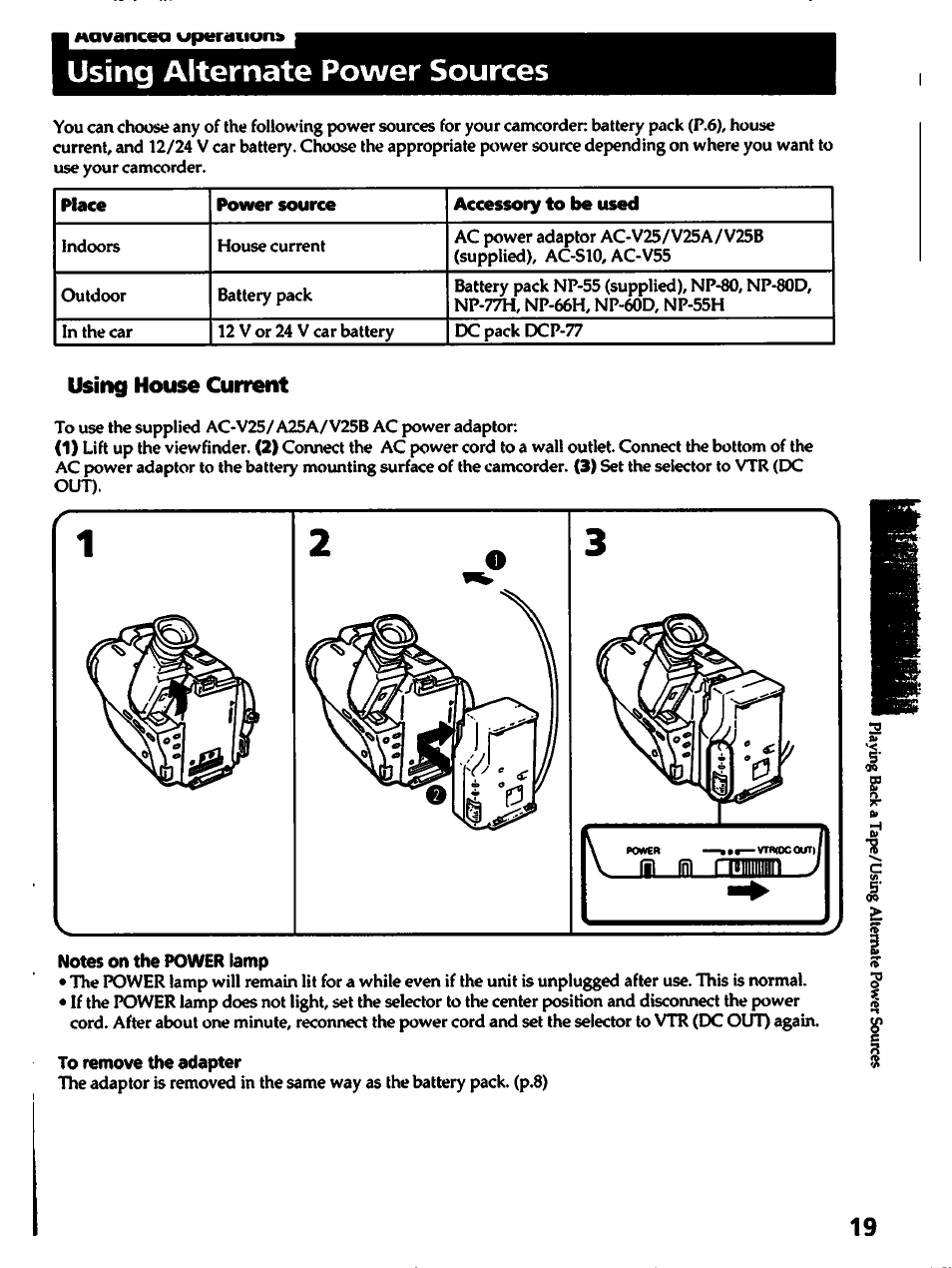 Using alternate power sources, Using house current, Notes on the power lamp | To remove the adapter | Sony CCD-TR82 User Manual | Page 19 / 52