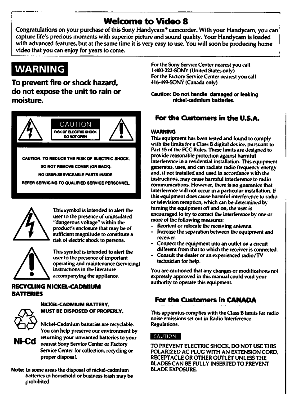 For the customers in the u.s jl, Fwlhe customers in canada, Warning | Ni-cd, Welcome to video 8 | Sony CCD-TR82 User Manual | Page 2 / 52