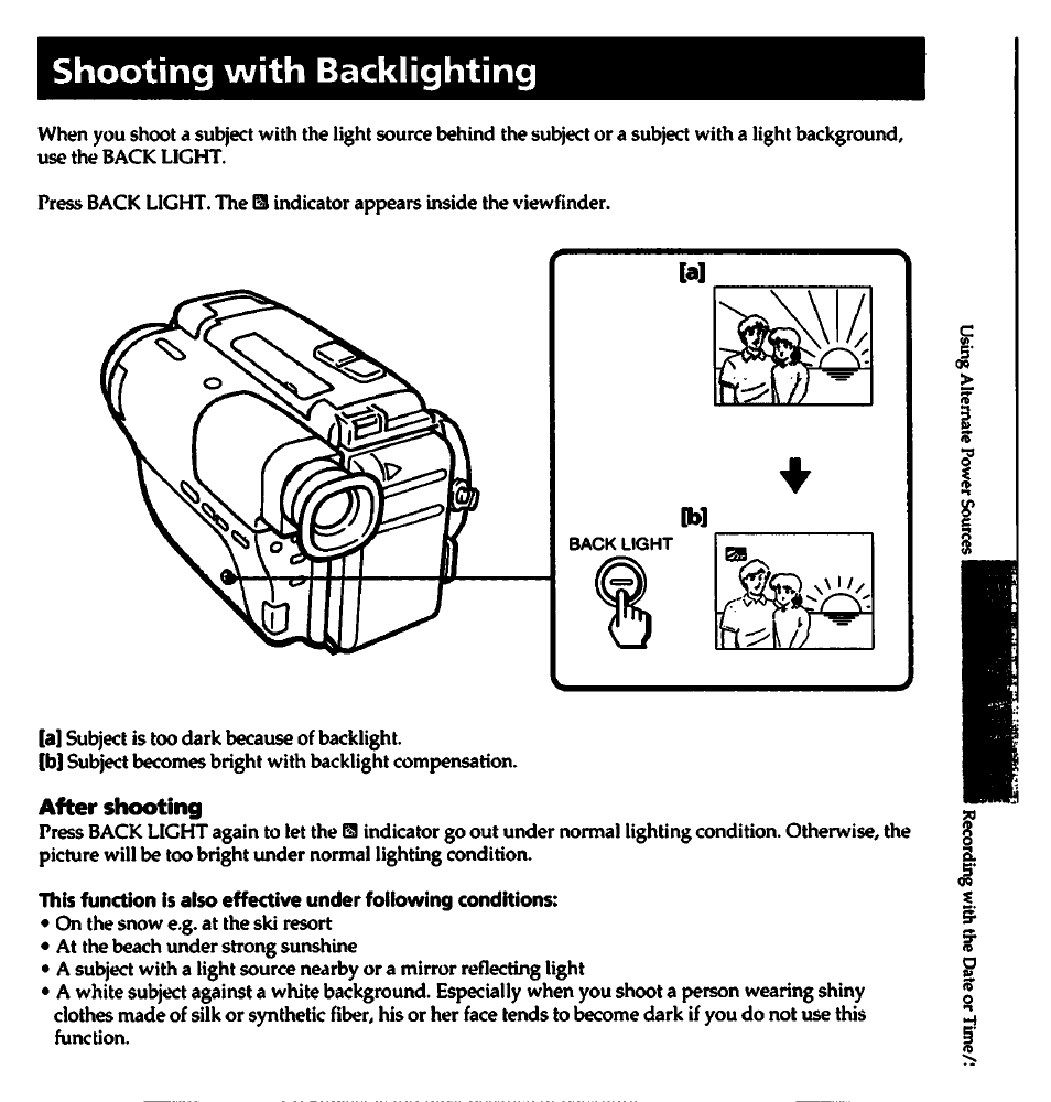 Shooting with backlighting, After shooting | Sony CCD-TR82 User Manual | Page 21 / 52