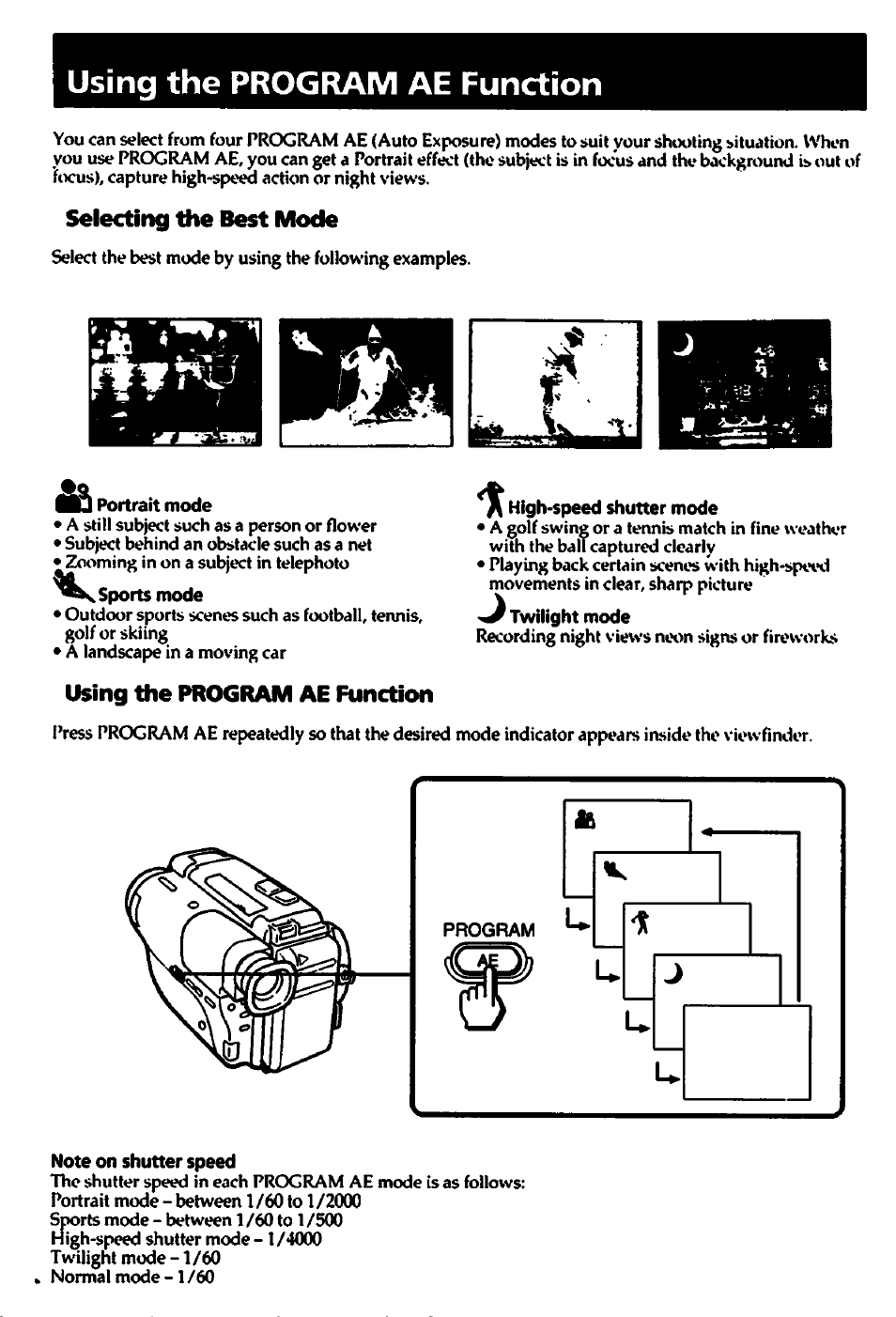 Using the program ae function, Selecting the best mode, St portrait mode | Sports mode, High-speed shutter mode, Twilight mode, Note on shutter speed | Sony CCD-TR82 User Manual | Page 22 / 52