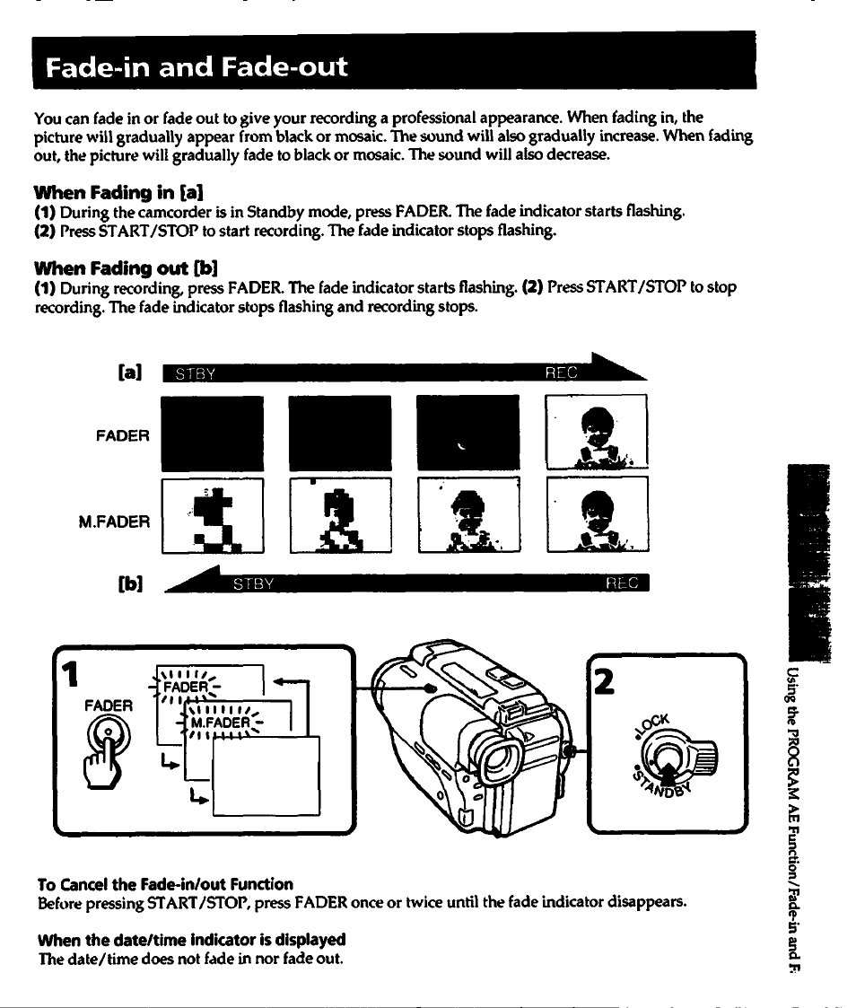 Fade-in and fade-out, When fading in [a, When fading out [b | To cancel the fade-in/out function, When the date/time indicator is displayed | Sony CCD-TR82 User Manual | Page 23 / 52