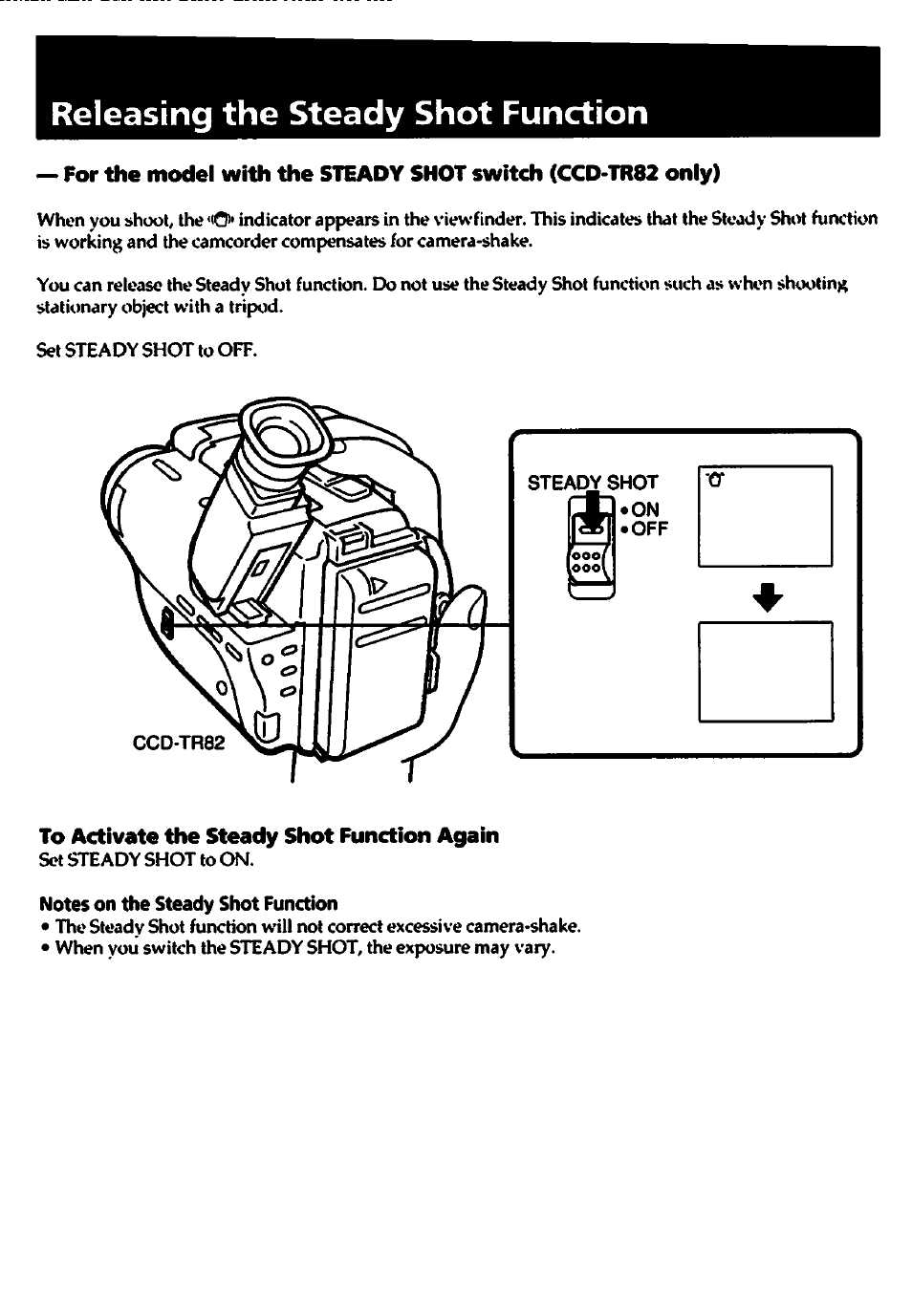 Releasing the steady shot function, To activate the steady shot function again, Notes on the steady shot function | Sony CCD-TR82 User Manual | Page 24 / 52