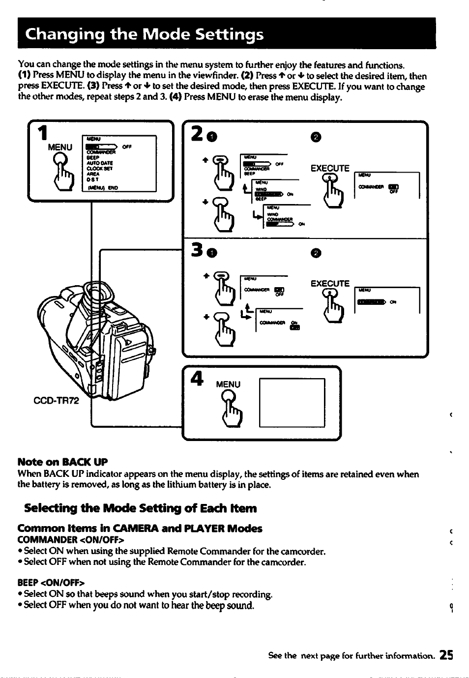 Changing the mode settings, Selecting the mode setting of each kem | Sony CCD-TR82 User Manual | Page 25 / 52