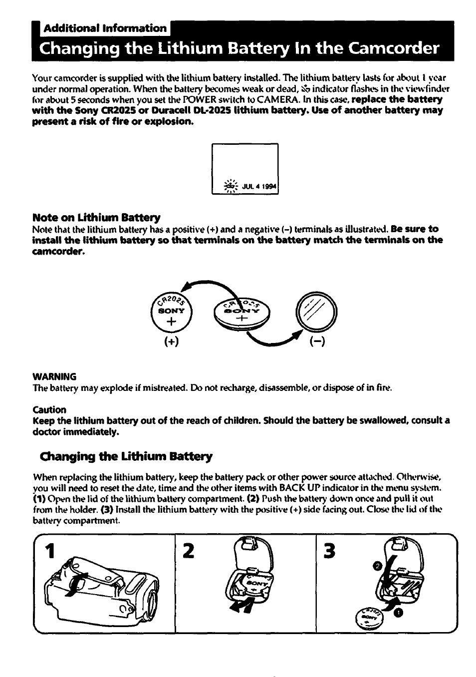 Additional information, Changing the lithium battery in the camcorder, Note on lithium battery | Warning, Caution, Changing the uthium batteiy, 23 l | Sony CCD-TR82 User Manual | Page 30 / 52
