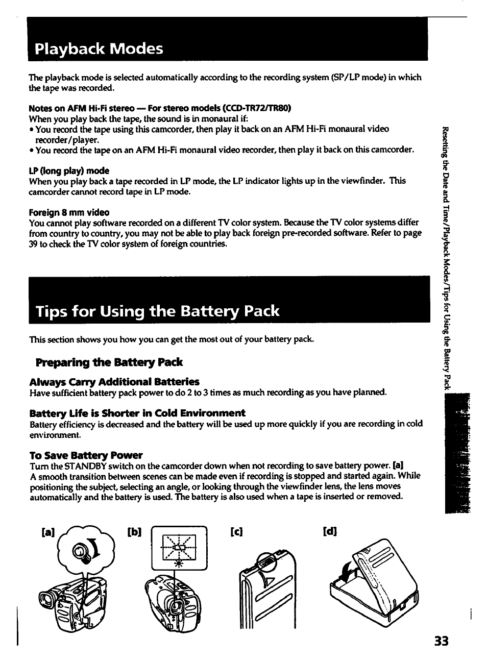 Playback modes, Lp (long play) mode, Foreign 8 mm video | Tips for using the battery pack, Battery life is shorter in cold environment, To save battery power | Sony CCD-TR82 User Manual | Page 33 / 52