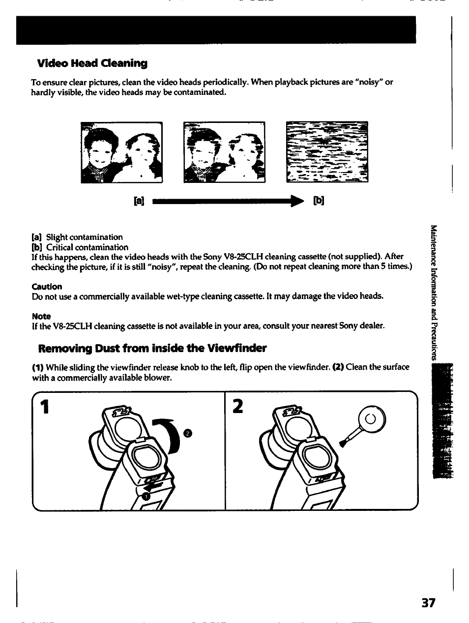 Video head cleaning, Removing dust from inside the viewfinder, F ? r | Sony CCD-TR82 User Manual | Page 37 / 52