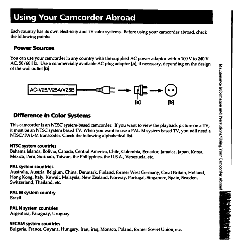 Using your camcorder abroad, Power sources, A] [b | Difference in color systems, Ntsc system countries, Pal system countries, Pal m system country, Pal n system countries, Secam system countries | Sony CCD-TR82 User Manual | Page 39 / 52