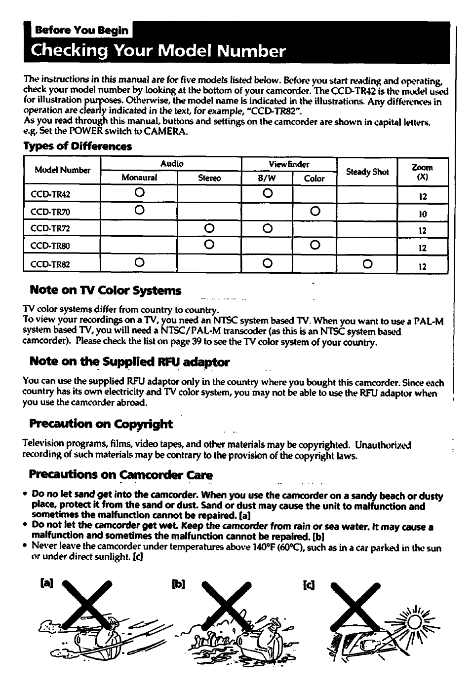 I before you begin, Checking your model number, Types of differences | Note on tv color systems, Note on the supplied rrj adaptor, Precaution on coi^right, Precautions on camcorder care | Sony CCD-TR82 User Manual | Page 4 / 52