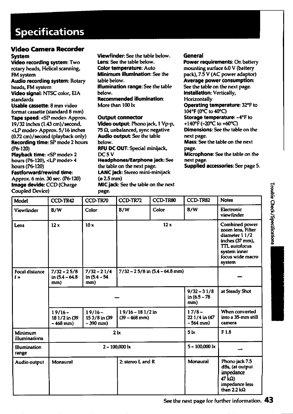 Specifications, Video camera recorder, System | Video recording system: two, Recommended illumination, General | Sony CCD-TR82 User Manual | Page 43 / 52