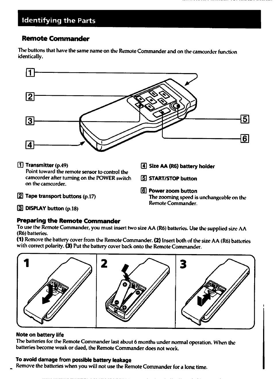 Remote commander, Preparing the remote commander | Sony CCD-TR82 User Manual | Page 48 / 52