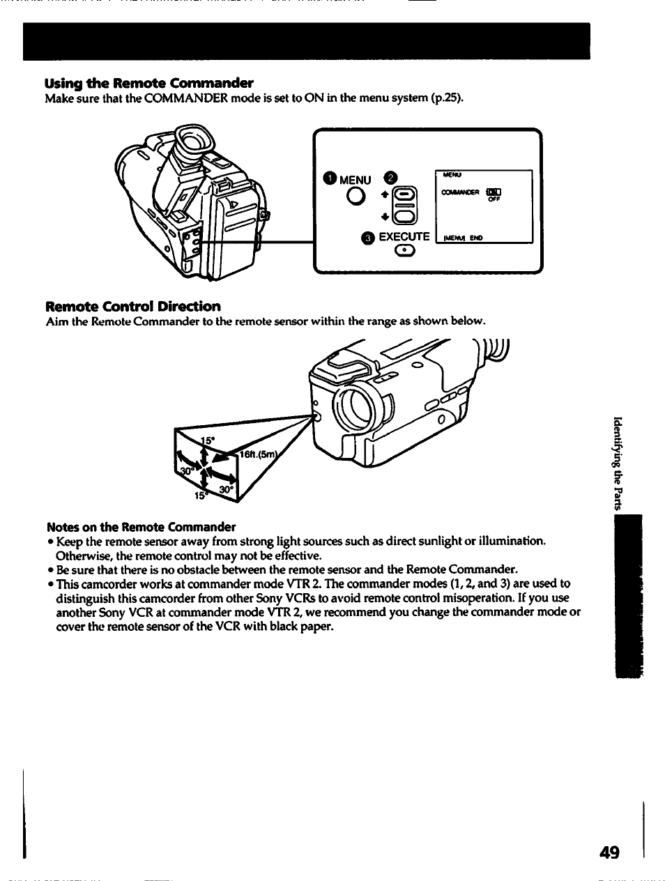 Using the remote commander, Remote control direction, Notes on the remote commander | Sony CCD-TR82 User Manual | Page 49 / 52