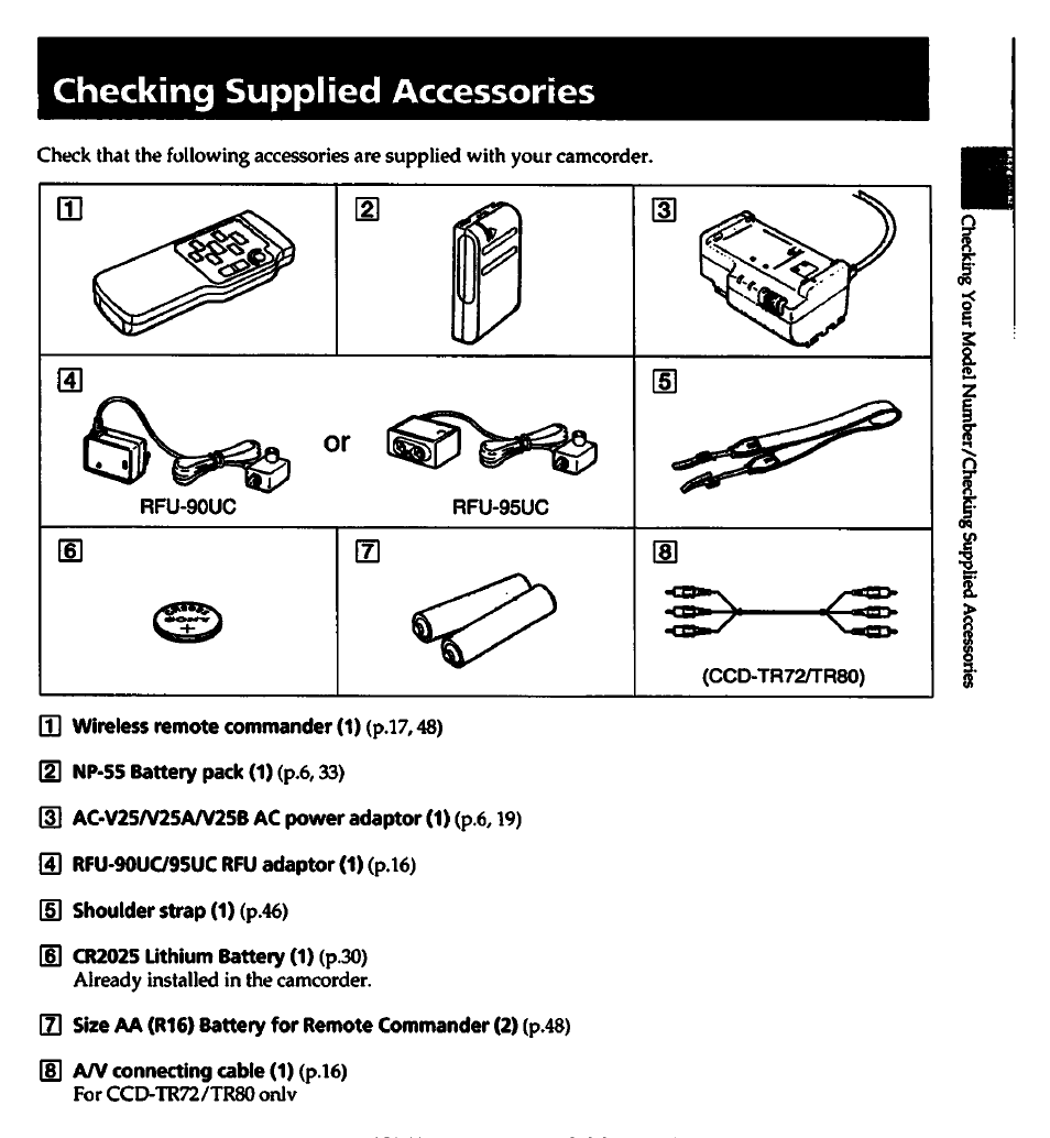 Checking supplied accessories | Sony CCD-TR82 User Manual | Page 5 / 52