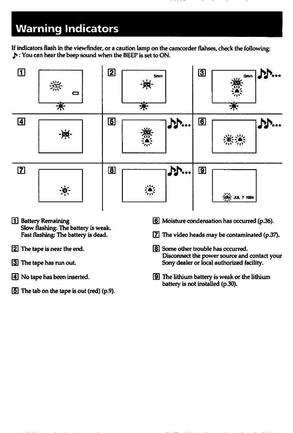Warning indicators | Sony CCD-TR82 User Manual | Page 51 / 52
