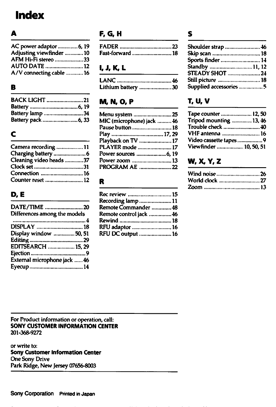 Index | Sony CCD-TR82 User Manual | Page 52 / 52