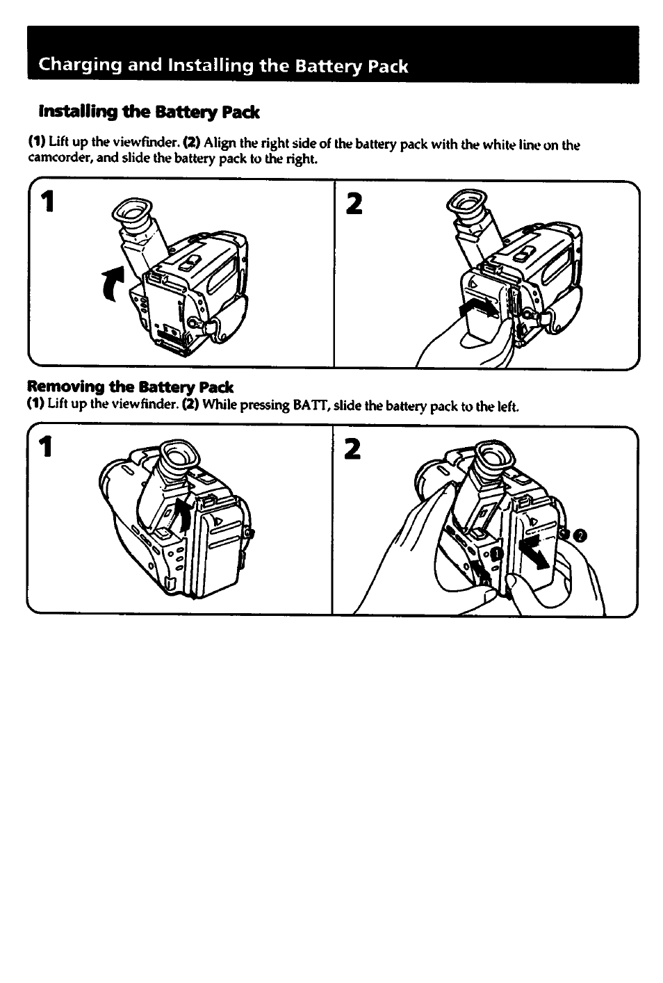 Charging and installing the battery pack, Installing the battery pack, Removing the battery pack | Sony CCD-TR82 User Manual | Page 8 / 52